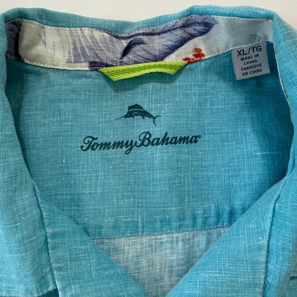Tommy Bahama Mens XL Linen Short Sleeve Button Up Shirt Aqua Blue Marlin Logo - Picture 2 of 10